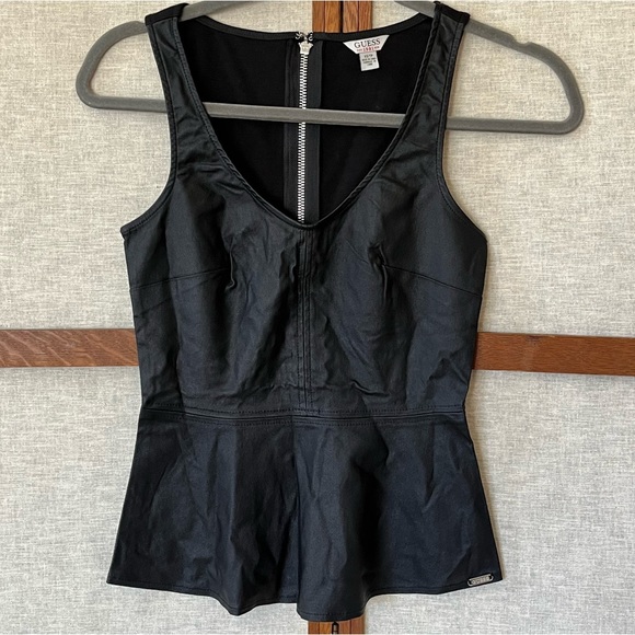 Guess Tops - Guess Sleeveless Black Faux Leather Front Peplum Shirt - XS